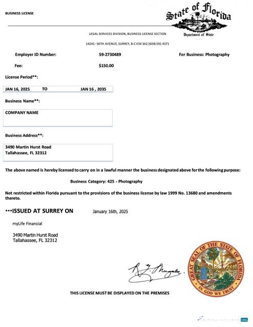 Download USA Florida business license Word and PDF template Photoshop template